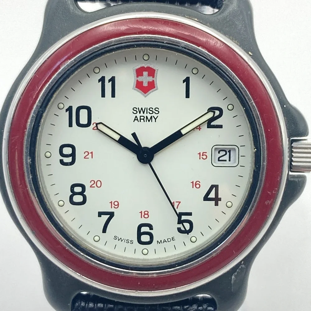 Vintage Swiss Army Men's Watch 38mm Red Bezel Date Black Leather New Battery